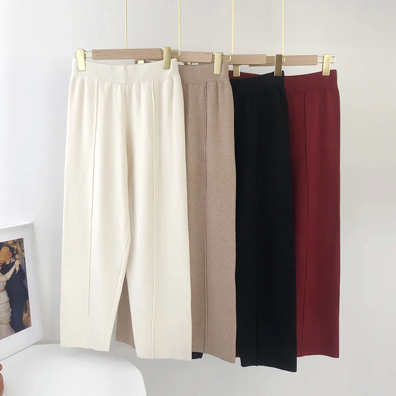 Aachoae Loose Solid Knitted Pants Women Elastic Waist Casual Lady Pants Pleated Leisure Home Wear Long Pants Female Pantalon