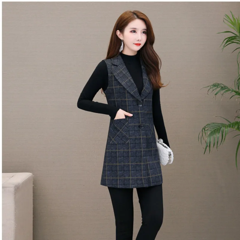 

#0741 Plus Size 5XL Plaid Vest Waistcoat Women Long Sleeveless Blazer Vest Female Longwoman Vest Elegant Office Vest Coat