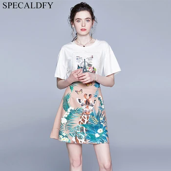 

European Style Runway 2 Piece Skirt Set Women's Short Sleeve White T shirt + A line Skirts 2020 Summer Two Pieces Set Suits