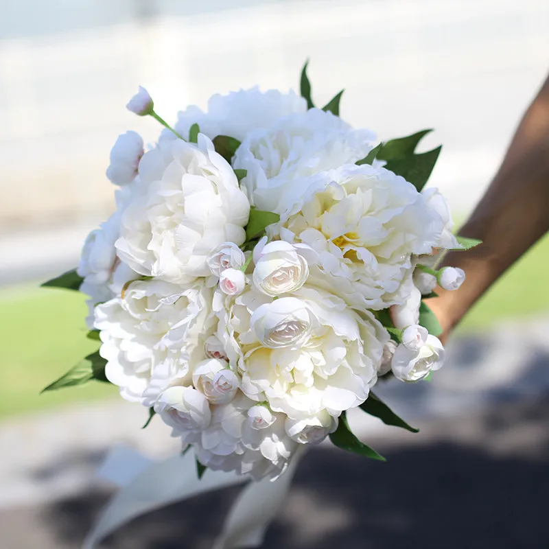 JaneVini Искусственные цветы пионы из шелка белый свадебный букет Искусственные фотографии свадебные букеты невесты цветок Свадебный букет Блан - Цвет: Белый