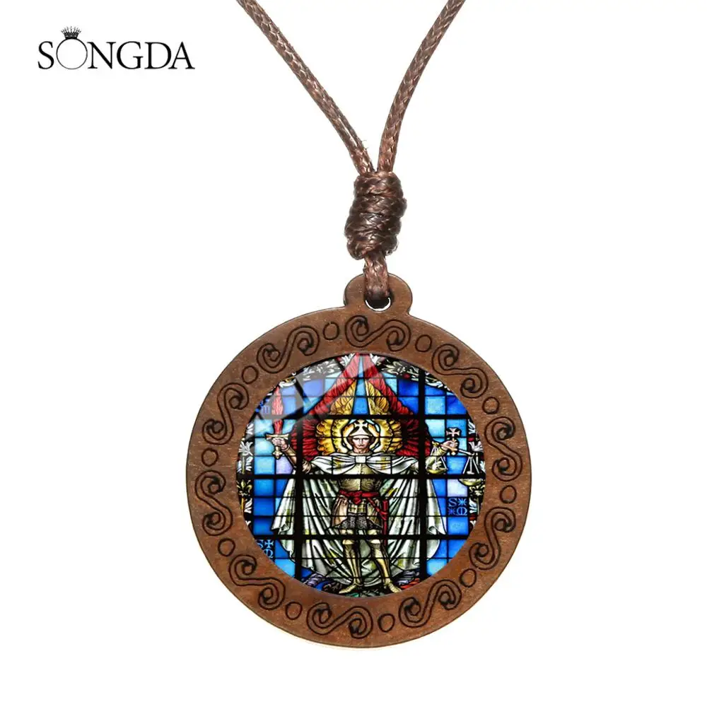 Ожерелье Archangel St.Michael Protect Me Saint Shield ожерелье Talisman с деревянной подвеской