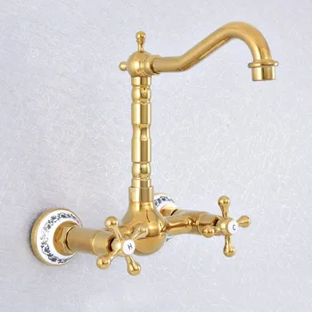 

Luxury Gold Double Handle Swivel Spout Bathroom Kitchen Mixer Faucets Solid Brass Basin Mixer Faucet with Ceramic base