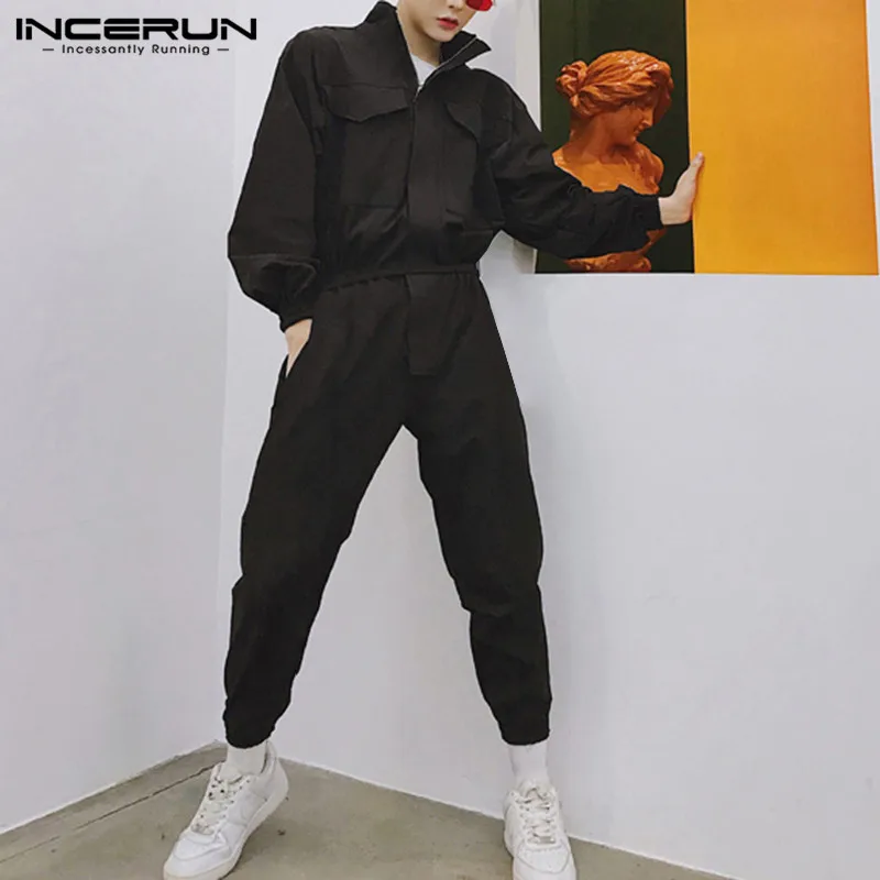 Online INCERUN 2019 Moda hombre Jumpsuit Joggers de manga larga mono liso cremalleras Cargo overoles Hiphop Casual Pants Men Streetwear 5XL