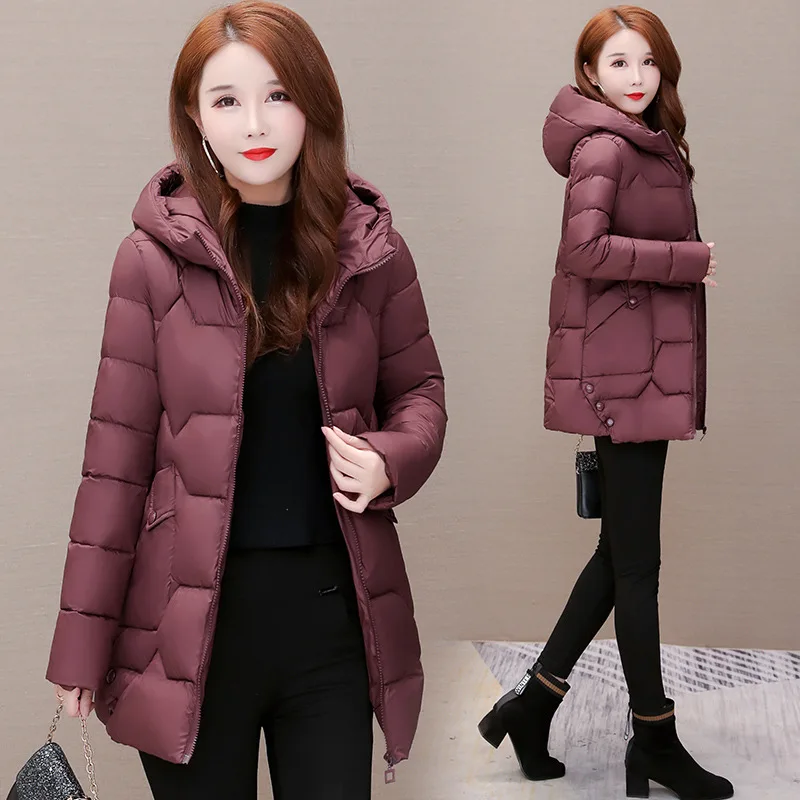 

2019 Winter Korean-style New Style Solid Color Simple Hooded Warm with Zipper Mid-length Slim Fit Slimming Cotton Coat