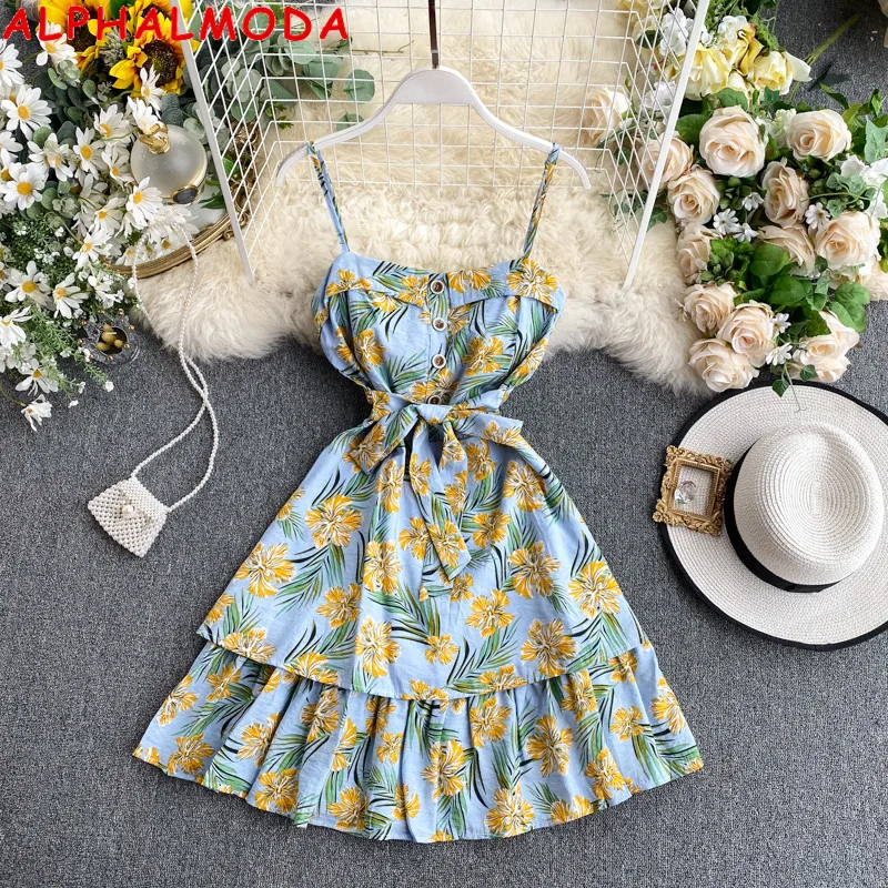 Женское платье с тропическим принтом ALPHALMODA летнее Хлопковое на бретельках