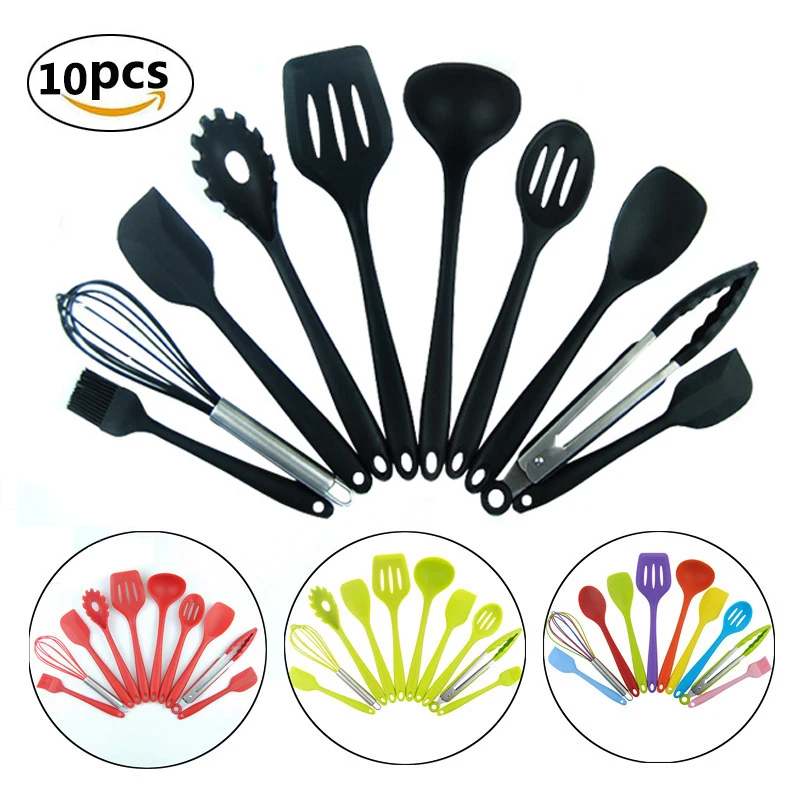 

10Pcs/set Silicone Cooking Utensils Kitchen Utensil Set Spatulas Spoon Scraper Brush Non Stick Heat Resistant For Baking Cooking
