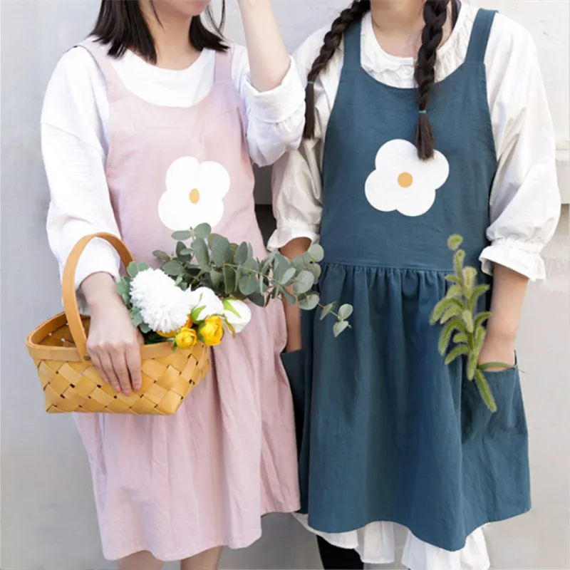 

Princess Flower Pleated Cotton Apron Woman Adult Aprons Coffee Shop Cooking Baking Bibs Overalls Restaurant Kitchen Accessories