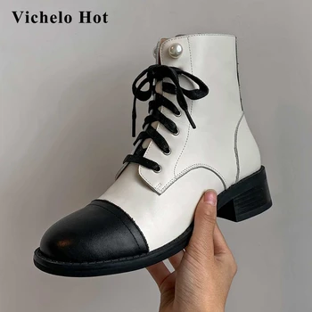 

Vichelo Hot winter superstar real leather mixed colors pearl decorations round toe thick med heel lace up maiden ankle boots L61