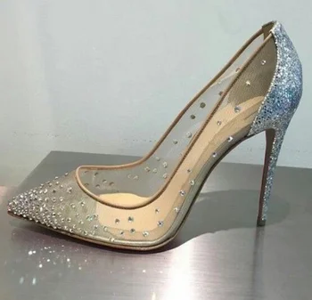 

Elegant Mesh Glitter Pumps Shoes Women Bling Bling Rhinestone Pointed Toe Pumps Sequin Heels Wedding Shoes Bride Plus Size 13