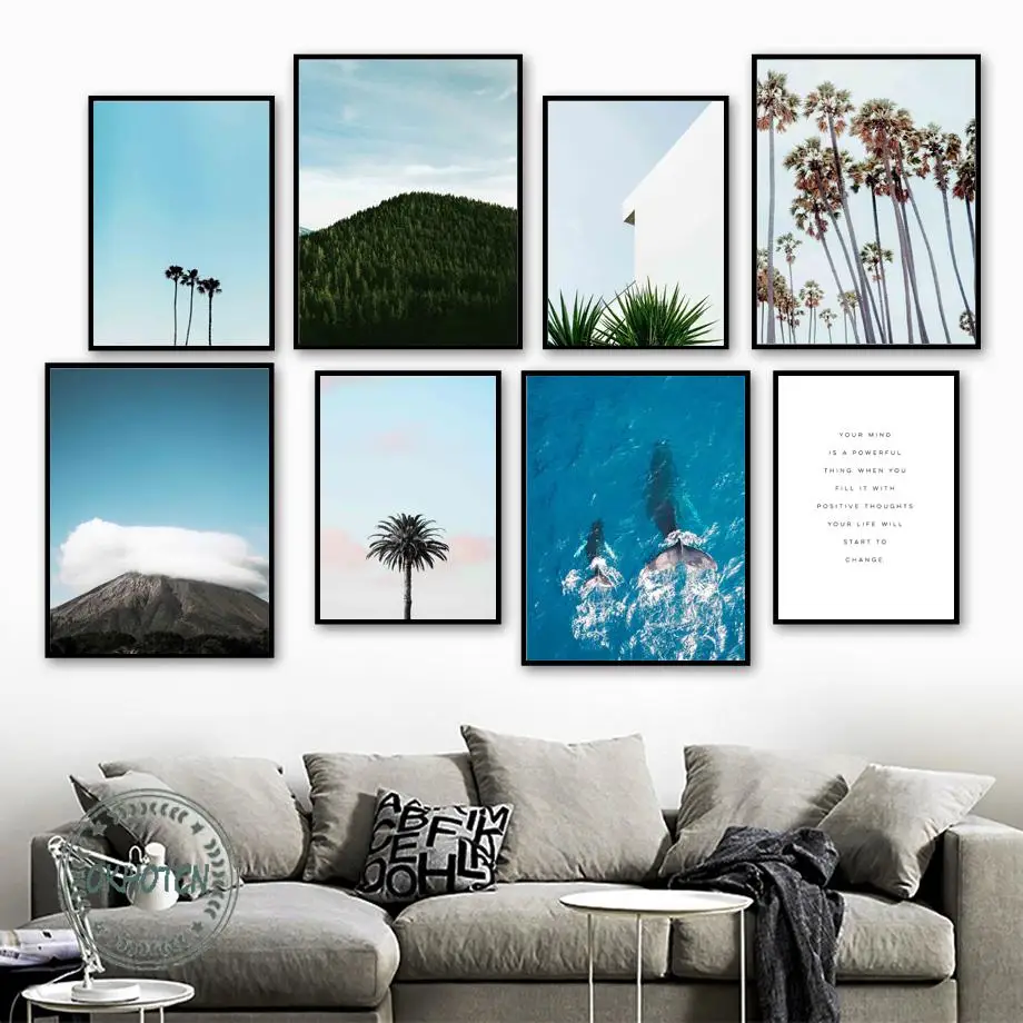 Poster E Stampe Di Paesaggi Di Montagna Naturali Blue Sea Dolphin Tropical Palm Tree Wall Art Canvas Paintings Nordic Pictures