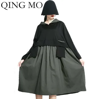

QING MO Spring Women Hoode Dress Plus Size Patchwork Color Dress Mid Calf Long Dress Female Fake Two Pieces Set 2020 ZQY1888