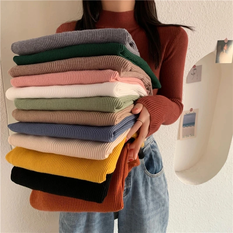 Women Pullovers Sweater Autumn Winter Turtleneck Knitted Sweater Women Tops Long Sleeve Short Slim Sweater Girls Dropship