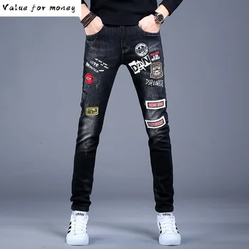 

European Italy men jeans pants black coolguy jeans Men Slim jeans denim trousers blue hole Pants jeans for men