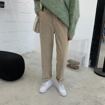 

Design-sensitive hook buckle pit strip wicker straight pants 2019 winter high waist show thin casual pants woman