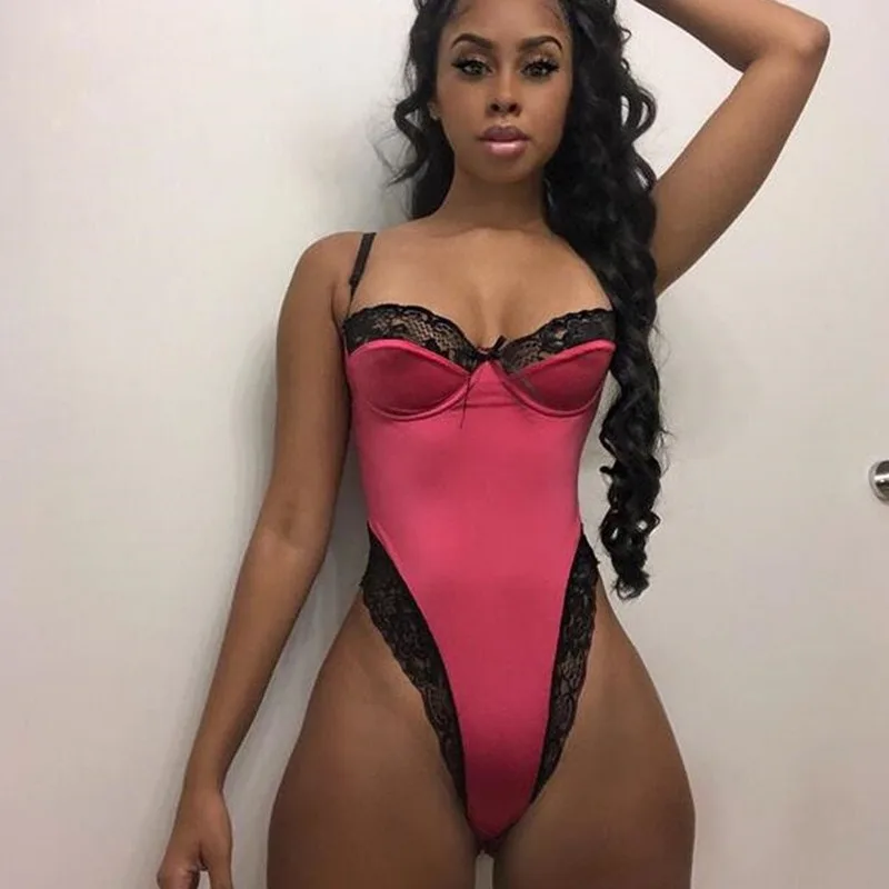 

Fashion Satin Lace Bodysuits Sexy Body Women Spaghetti Strap Cup Sleeveless Bow Tie V Neck Hollow Shoulder Bodsuits Bralette-85