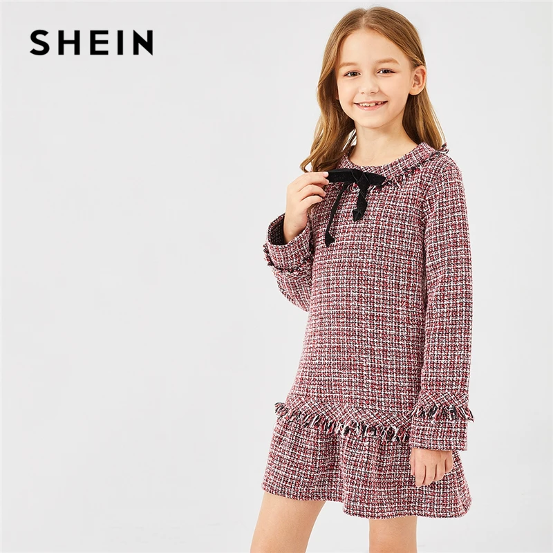 SHEIN Kiddie/клетчатое платье-туника с оборками спереди и бантом для девочек г. Осенние милые короткие платья с длинными рукавами на молнии сзади для детей