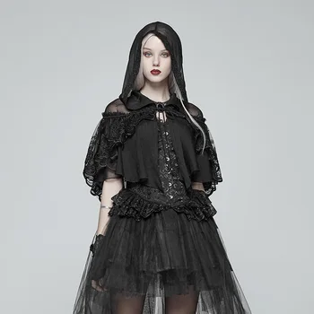 

PUNK RAVE WOmen's Lolita Small Cloak with Hooded Transparent SilkCcrepe Flower Mesh Lace Short Capes