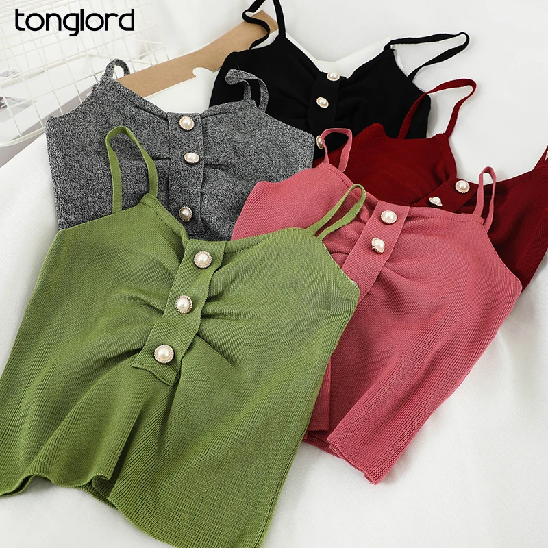 

TONGLORD Women's Camis Knitted Tank Tops Short Knitting Vest Tanks Top Sleeveless T-shirt Solid Show Belly Button Fitness Shirts