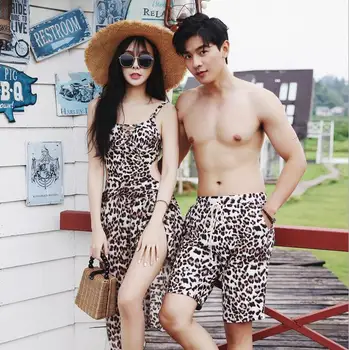 

Leopard Couples Swimwear Women 3 Pieces Bikini Sets Cover Up Mans Beach Trunks Shorts Lover's Girls Printed Swimsuit Beach Dress