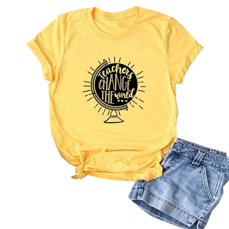 Женская футболка с принтом «учители изменить мир», Забавные футболки с изображением глобуса, повседневные летние топы с коротким рукавом и круглым вырезом, женские футболки - Цвет: Цвет: желтый