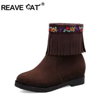 REAVE GATO Escola Menina Mulher Sapatos botas de Franja tornozelo salto plana flor rebanho deslizamento em botas de inverno das mulheres rosa vermelha preto tamanho 43(China)