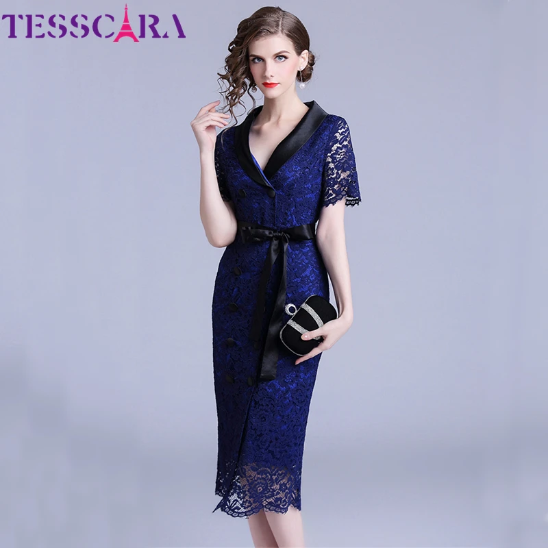 TESSCARA женское летнее элегантное кружевное платье Festa высокое качество офисное женское платье карандаш Vestidos винтажное дизайнерское тонкое синее платье