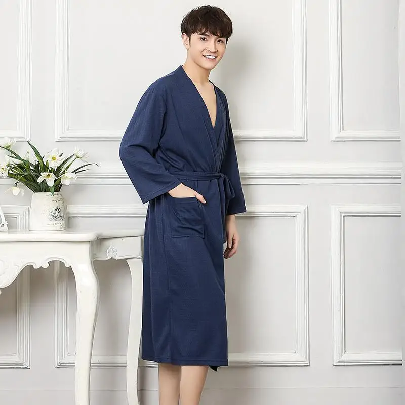 Сексуальное повседневное свободное кимоно Банный халат для пары, халат с длинными рукавами, ночное белье, одежда для сна, одноцветная неглиже, домашняя одежда - Цвет: Navy Blue Men