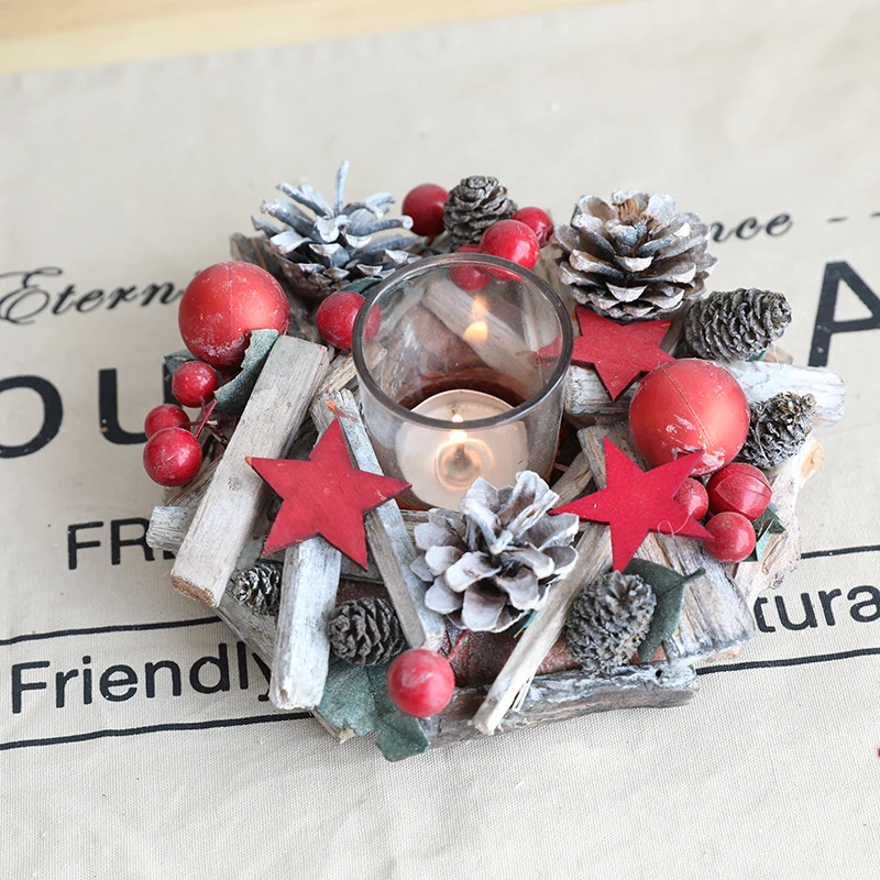 

Nordic wood mini Christmas tree ornaments pine cones rattan candlestick window scene layout pendant new year decoration 2019