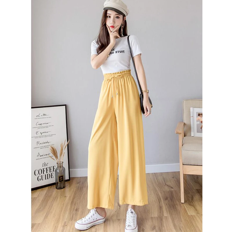 New Women Ice Silk knitted Wide Leg Pants Summer Elastic High Waist Drawstring Trousers Female Casual Loose Pant HH042