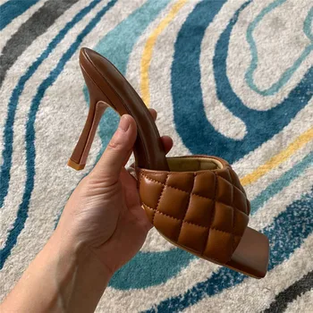 

brand design women Mules sandals leather square sole plaid slides desginer high heel women shoes summer woman slippers