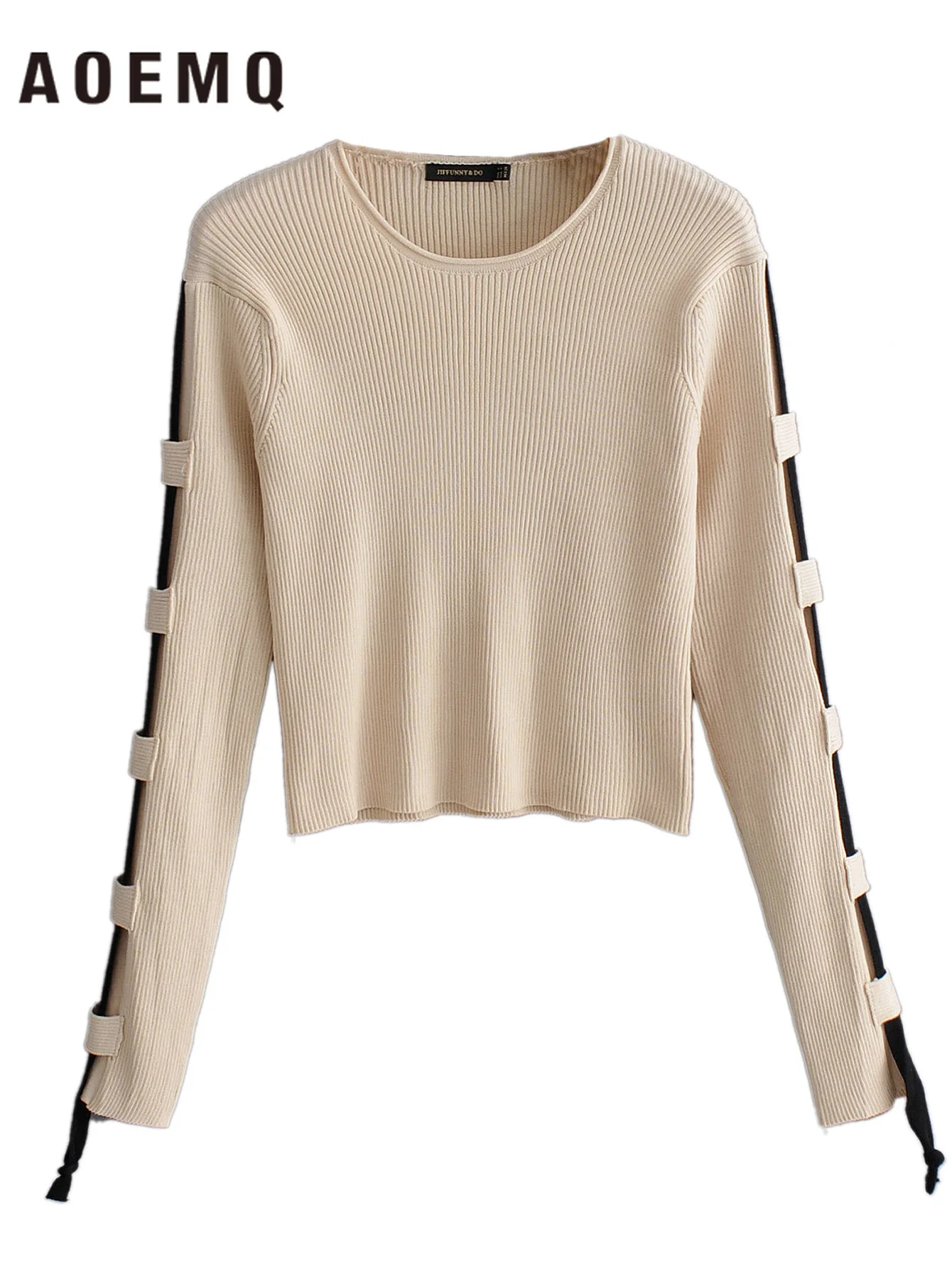 

AOEMQ Creative Sweaters Long Sleeve Solid Beige Winter Sweaters Fashion Patchwork Style Adults Sweaters Women Tops Clothing