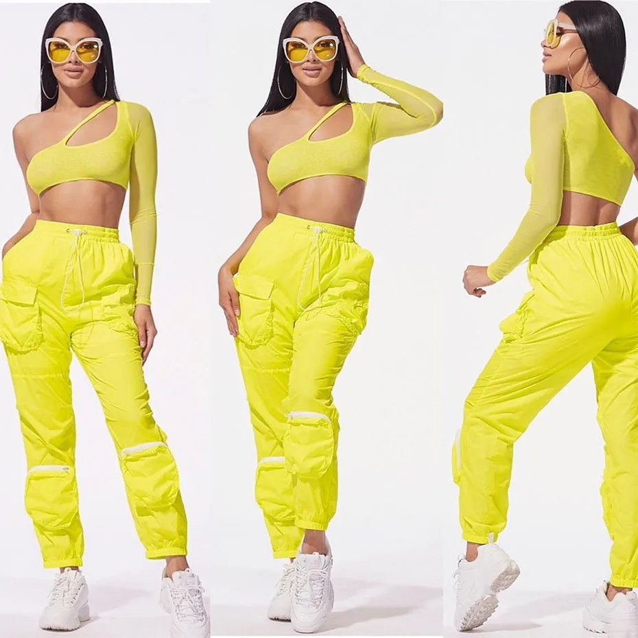 HAOYUAN Two Piece Set Women Mesh One Shoulder Long Sleeve Crop Top Sweat Pant Streetwear 2 Piece Outfits Tracksuit Matching Sets