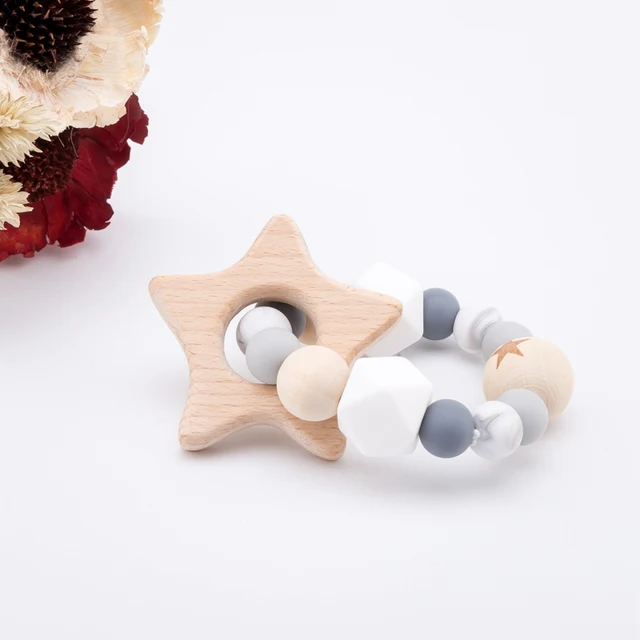 1PC  Silicone Beads Teether  Wooden Beads  Bracelet Nursing Teething Toys BPA Free Beech Wooden Star Bracelet DIY Baby Teether 4