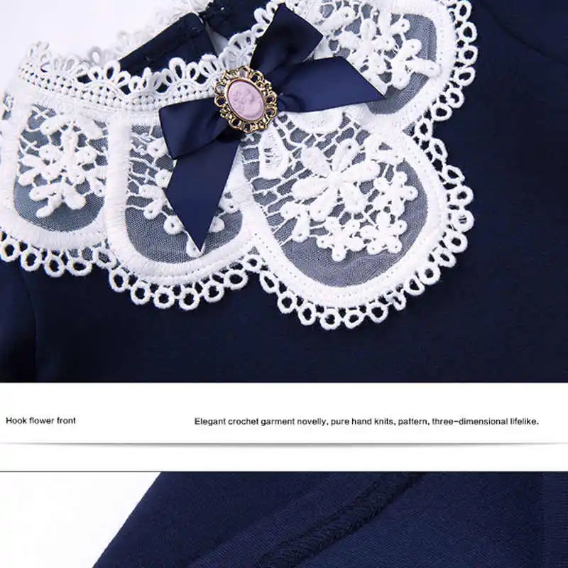 Baby Girls Blouses Children Cotton Lace Clothes Teenage School Girl Basic Tops Cute Bow Navy Blue Sweatshirts 2 4 6 8 11Yrs