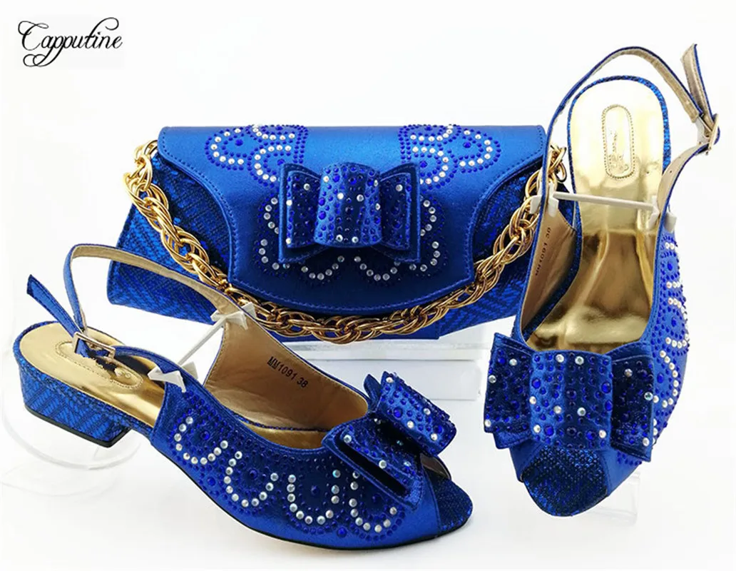 

Popular party set matching African medium heel shoes with bag set MM1091 in royal blue, heel height 3.5cm