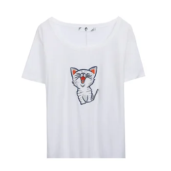 

2020 women summer new style plus fertilizer XL women's playful embroidery cat T-shirt
