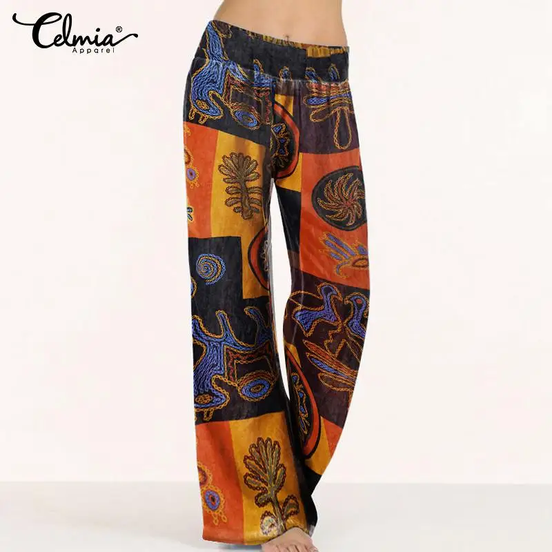 

Plus Size Vintage Printed Wide Leg Pants Celmia 2019 Fashion Cotton Linen Loose Trouser Women Casual Long Palazzo Pantalon Femme