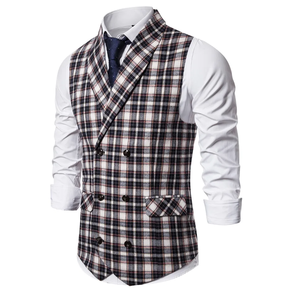 Vintage Suit Vest Men Casual Slim Fit Black Herringbone Vests Double Breasted V Neck Business Gilet Homme Chalecos Para Hombre