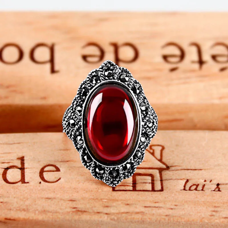 Red JoiasHome 925 пробы Серебряное кольцо винтажное тайское серебро с рубиновым гусиным яйцом форма открытая Регулировка размера классический подарок - Цвет камня: Red