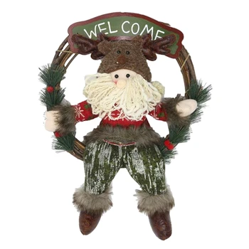 

1 Pcs Rattan Christmas Wreath Garland with Santa Claus and Wooden Welcome Sign Holiday Hanging Wall Window