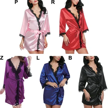 

Women's Sleepwear Sexy Lingerie Silk Lace Casual Loose Solid Long sleeve Nightgown Ladies deep v Fashion soft rope nightwear