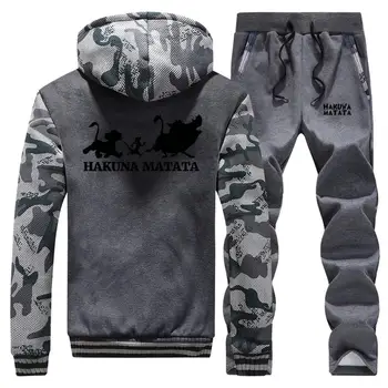 

The Lion King Cartoon Winter New Streetwear Mens Raglan Hooded Camouflage Simba Suit Coat Thick Fleece Hoodie+Pants 2 Piece Set