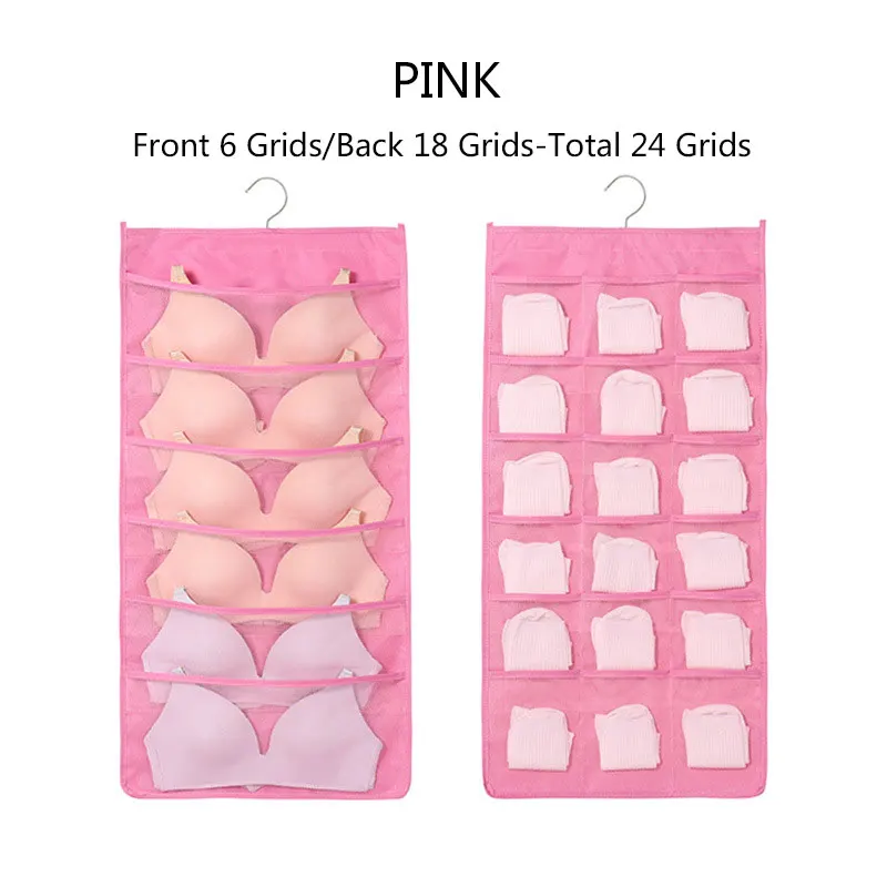 Pink 24 grid 1piece Твердый, подвесной мешок для одежды, нижнее белье, бюстгальтер, двухсторонняя тканевая сумка для хранения, Сортировочная посылка, 1 шт., дверной настенный подвесной Органайзер - Color: Pink 24 grid 1piece