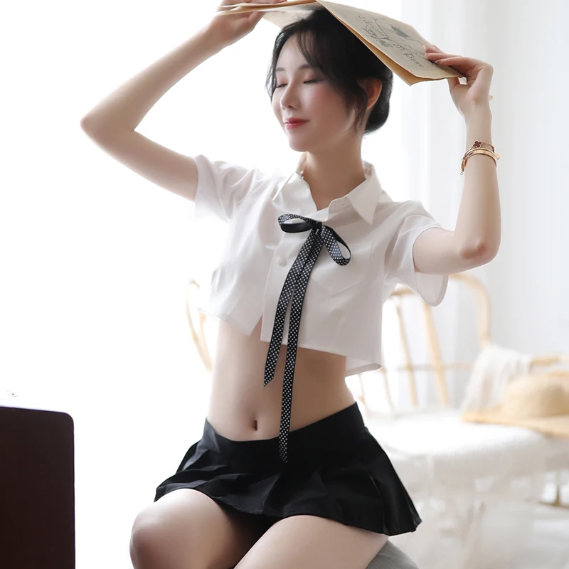 Женская одежда Осенняя сексуальная белая рубашка черное нижнее белье Ролевые игры женщины каваи белье набор женские пижамы