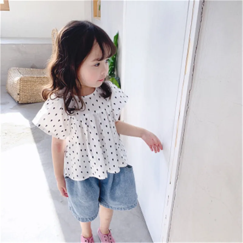 new girls shirt pring kids basic shirt short sleeve polka dot mesh lace blouse fashion girls tops 1-10y A3852