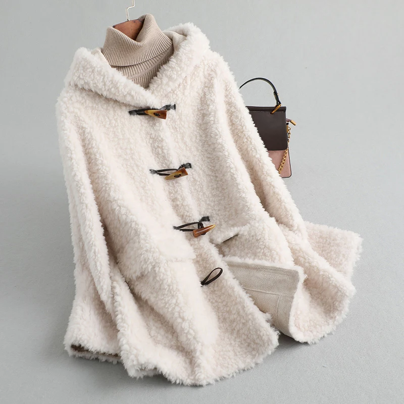 PUDI A19504 women winter genuine wool fur coat winter buckler horn warm lady hood coat jacket overcoat - Color: beige