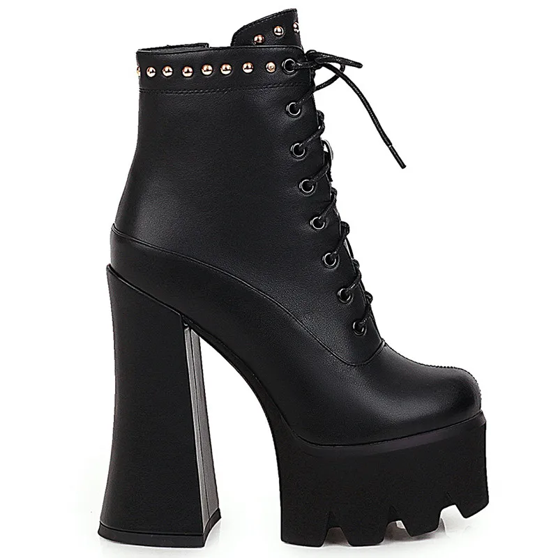 Drestrive Pu Leather Thick Heels 15cm Women's Ankle Boots Platform Rivet Zipper 2020 Winter High Heel Shoes Cross Tied Black