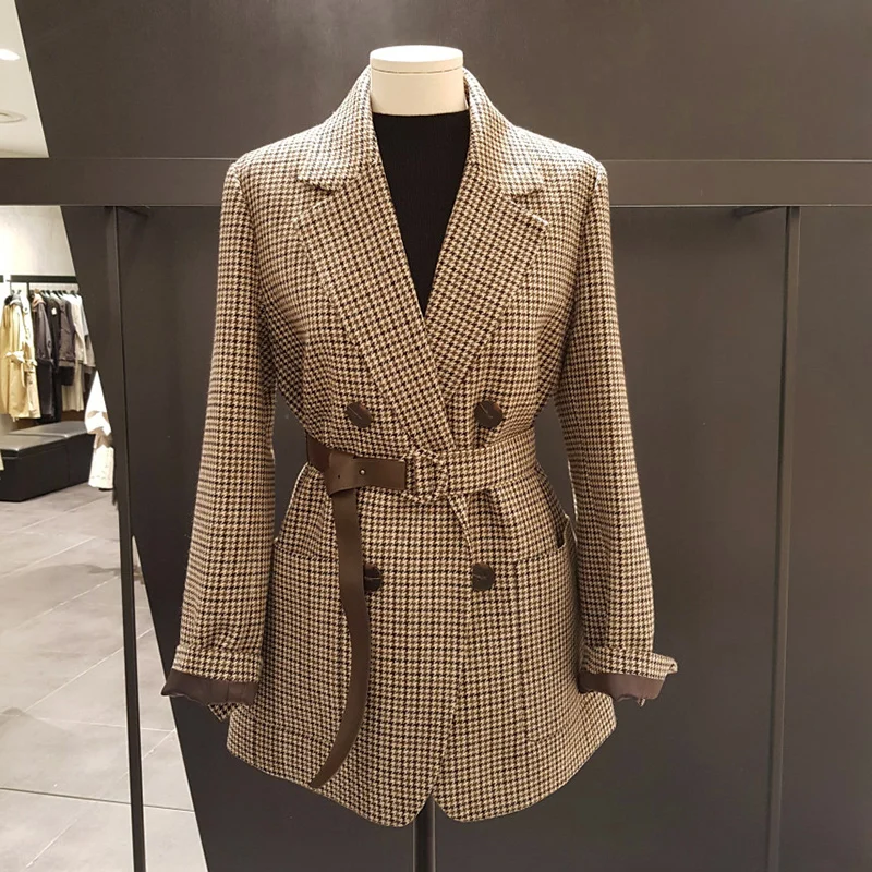 

Vintage Double Breasted Office Ladies Plaid Blazer with belt Long Sleeve Houndstooth Suit Coat Jacket Women blazers Female