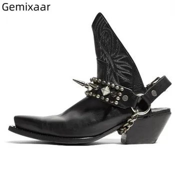 

2019 Autumn Pumk Studded Sewing Ankle Botas Pointed Toe Open Back Ankle Buckle Riding Botas Retro Black Cow Leather Shoes Woman
