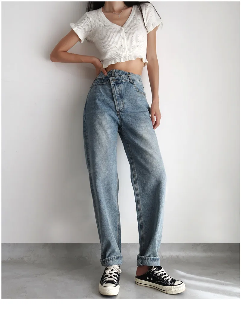 Syiwidii Irregular Jeans For Women High Waist Denim Pants Straight Plus Size Clothes Blue Vintage Streetwear 2021 Fashion Spring